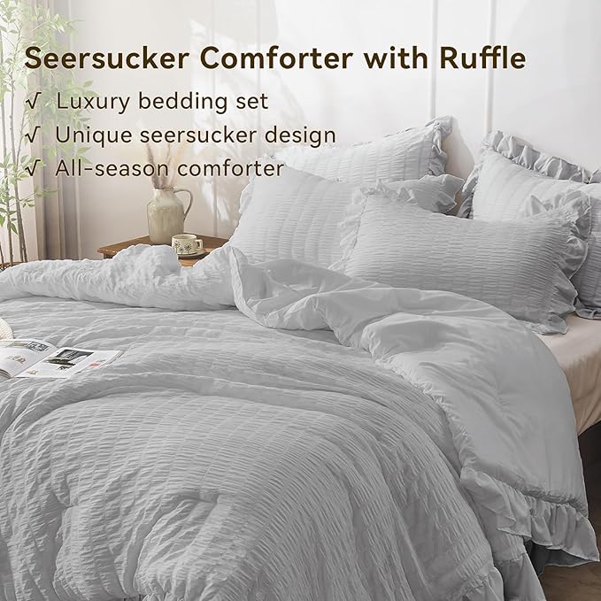JOLLYVOGUE Light Grey Twin Size Comforter Set, 2 Pieces Seersucker Lightweight Fluffy Bedding Set, Twin Ruffle Comforter, All Season Soft Microfiber Shabby Chic Bed Set