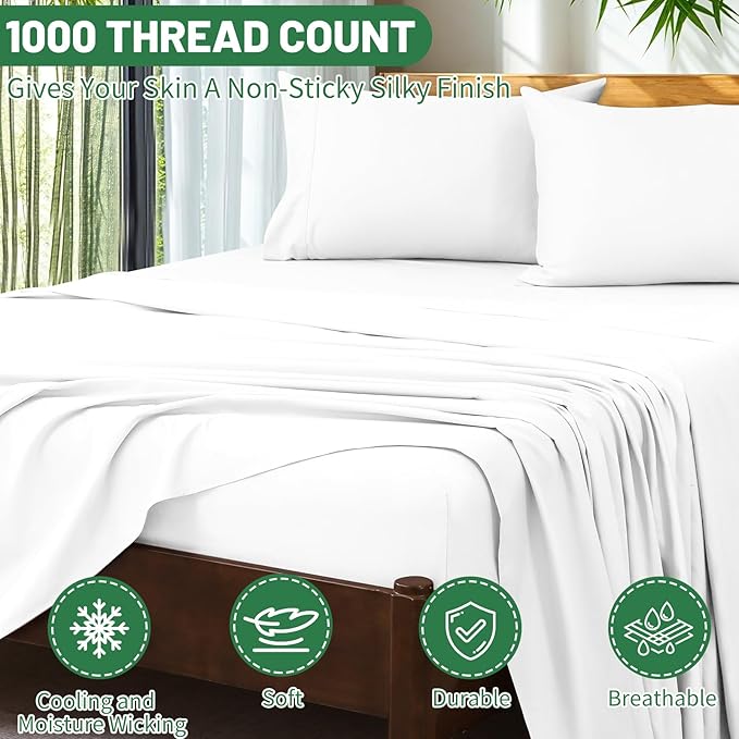 Extra Deep Pocket King Sheets 18-24 Inch 1000 Thread Count 100% Egyptian Cotton Sateen Weave Soft Breathable 4 Pieces（King，White）