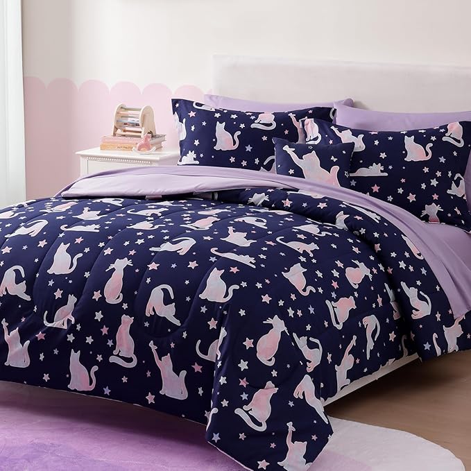 Twin Comforter Set for Girls-5 Pieces Cute Cat Twin Bedding Sets for Kids, Ultra Soft Bed in A Bag with Sheets