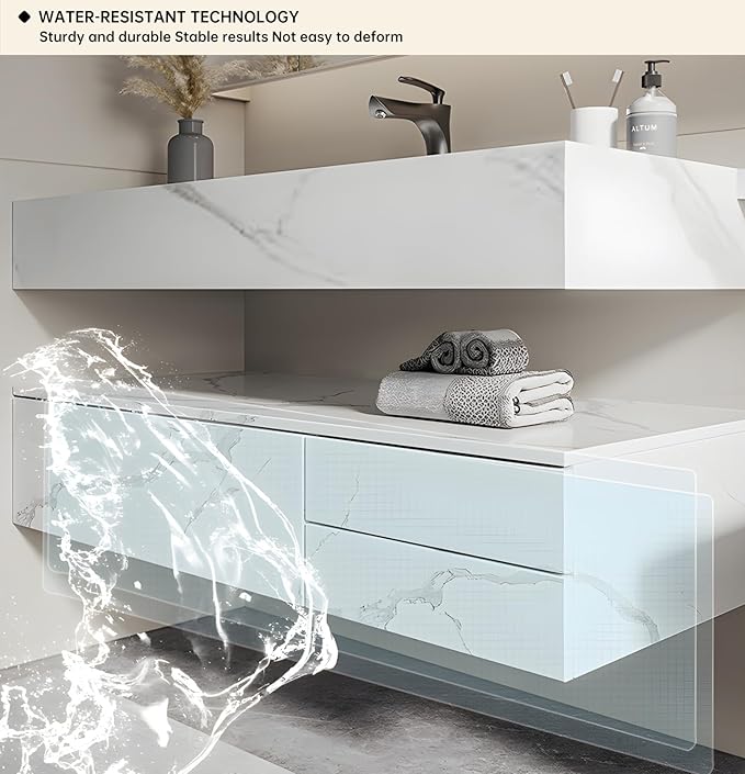 Floating Bathroom Vanity with Sink, Solid Wood Bathroom Vanity Set, Smart Defogging Mirror & Induction Side Cabinet & Large Storage - Elegant Bathroom Vanities (White,68IN)
