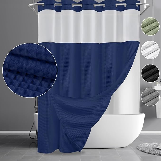 YellyHommy No Hook Shower Curtain and Liner Set Less Time Waffle Cotton Hotel Shower Curtain with Snap in Liner 72" Wx 75" L Blue
