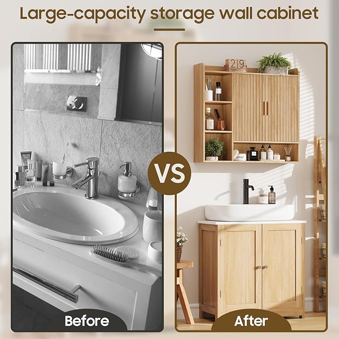 Vabches Fluted Bathroom Wall Cabinet, Wooden Medicine Cabinet Organizer with 2 Doors and Adjustable Shelf, Over The Toilet Storage Cabinet for Laundry Room and Living Room