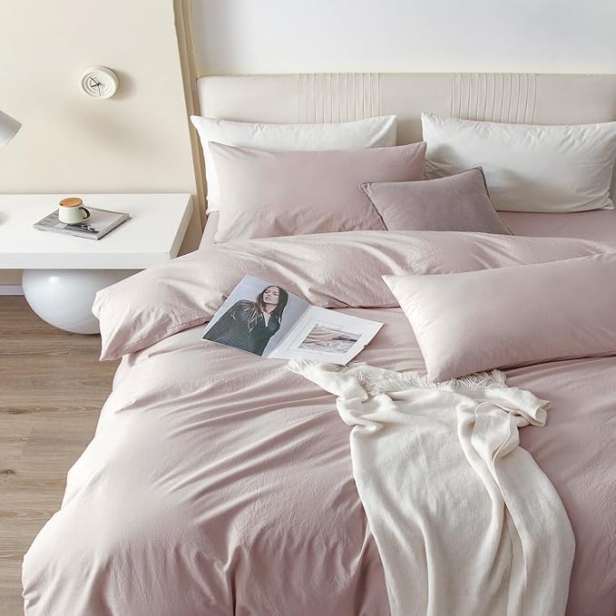 JIYUAN 100% Washed Cotton Duvet Cover Set 3 PCS Oversized King, 1 Duvet Cover 120"x98" (Comforter Not Included) and 2 Pillowcases,Linen Feel Bedding Set Comfy and Breathable, Heathered Greyish Pink