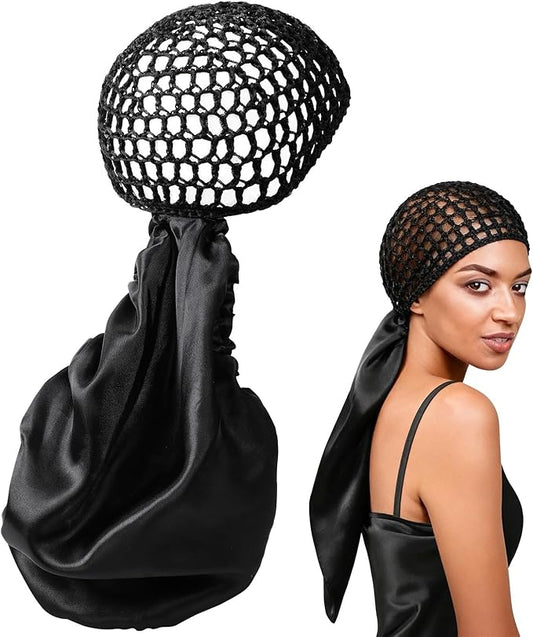 2 In1 Wrap Cap Bonnet Reversible,Adjustable Hair Wrap Cap Nettie Band Net,Extra Long Hair Silk Press Set Braid Bonnet for Curly Black