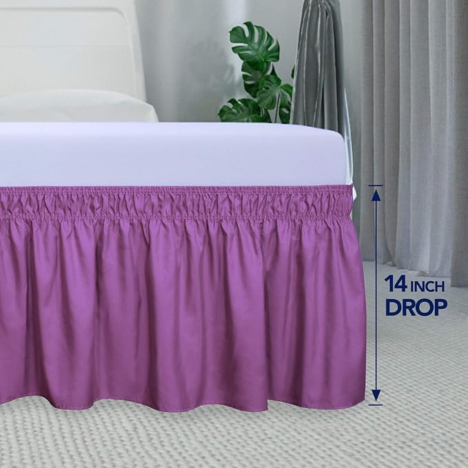 PureFit Wrap Around Ruffled Bed Skirt with Adjustable Elastic Belt - 14 Inch Drop Easy to Put On, Wrinkle Free Bedskirt Dust Ruffles, Bed Frame Cover for Queen, King and C-King Size Beds, Purple