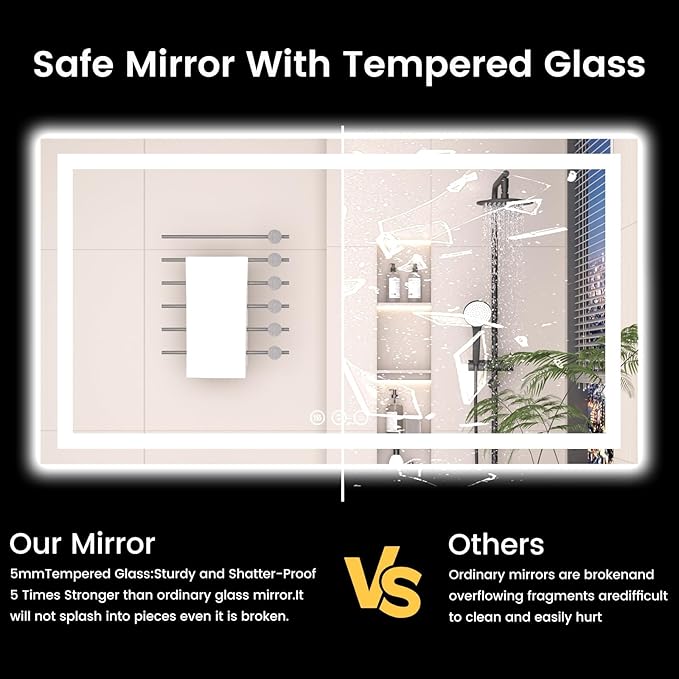 72X40 LED Bathroom Mirror with Lights, Anti-Fog, Backlit + Front Lit (CRI>90), Lighted Bathroom Vanity Mirror for Wall, Memory Function, Dimmable, Tempered Glass, Shatter-Proof, ETL Listed
