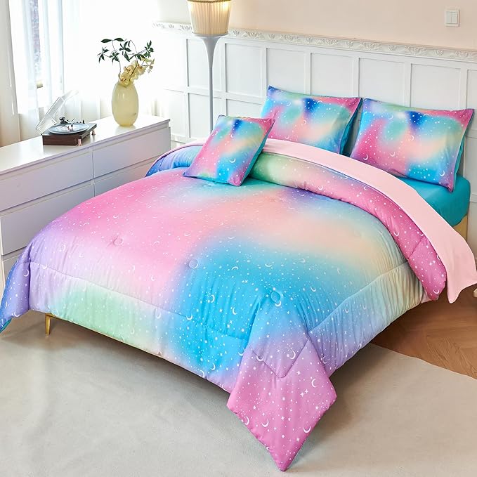 URBONUR 6Pcs Comforter Set for Girls Full Size Colorful Rainbow Bedding Set Galaxy Star Printed Kids Bed Sets for Full Bed, Ultra Soft Comforters with Sheet Set