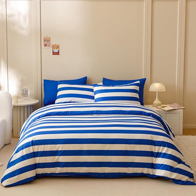 KAREVER Royal Blue White Stripes Comforter Set Queen Size Royal Blue White Stripes Bedding Set 3 PCs Comforter Set Queen Size Fluffy Linen Comforter Sets