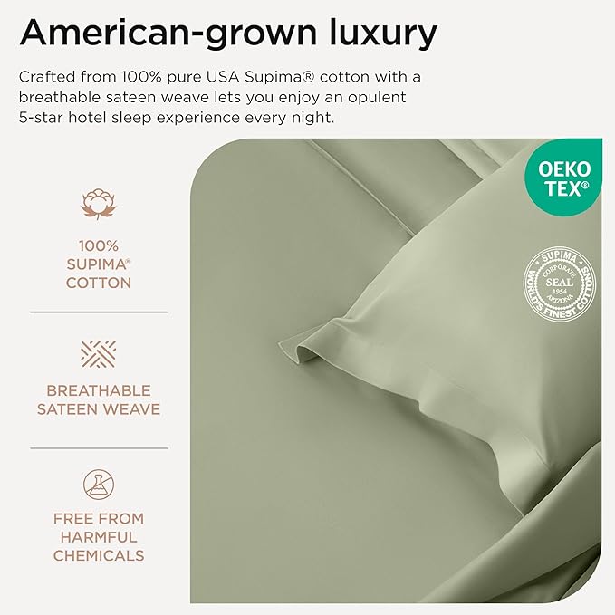 Threadmill Supima Cotton Sheets, 1000 Thread Count Cotton Sheets for Cal King Size Bed, 4 Pc Sage Green Cal King Bed Sheet Set, 5-Star Hotel Quality, Elasticized Deep Pocket Cal King Sheet