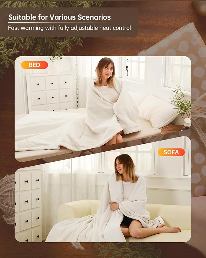 Electric Heated Blanket Full Size, Washable Blanket Warmer for Home for Adults, Fast Heating Super Cozy Soft Fabric, 72" x 84", 9 Heat Levels, 1-9H Auto-Off, ETL Certified, Cream