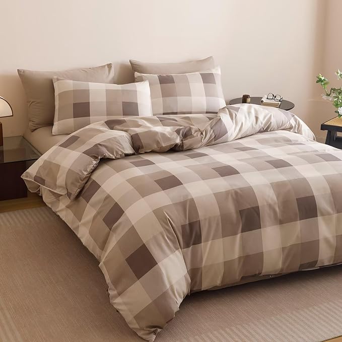 Cottonight Checkered Khaki Comforter Set Cal King Gingham Grid Bedding Set Khaki and Cream Coffee Grid Comforter Fluffy Soft Blanket Quilts Modern Cottagecore Comforter California King Bed