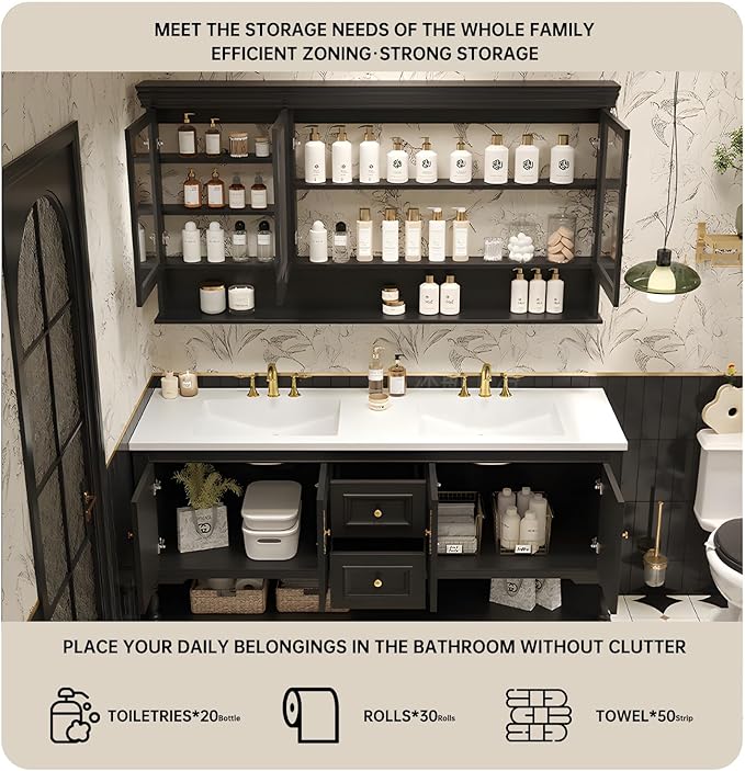 68" Double Bathroom Vanity with Sink,Freestanding Bathroom Vanity Large Storage Cabinet & Open Mirror Cabinet,4 Soft Closing Doors and 2 Drawers Solid Wood Luxury Bathroom Vanities Set,Brown