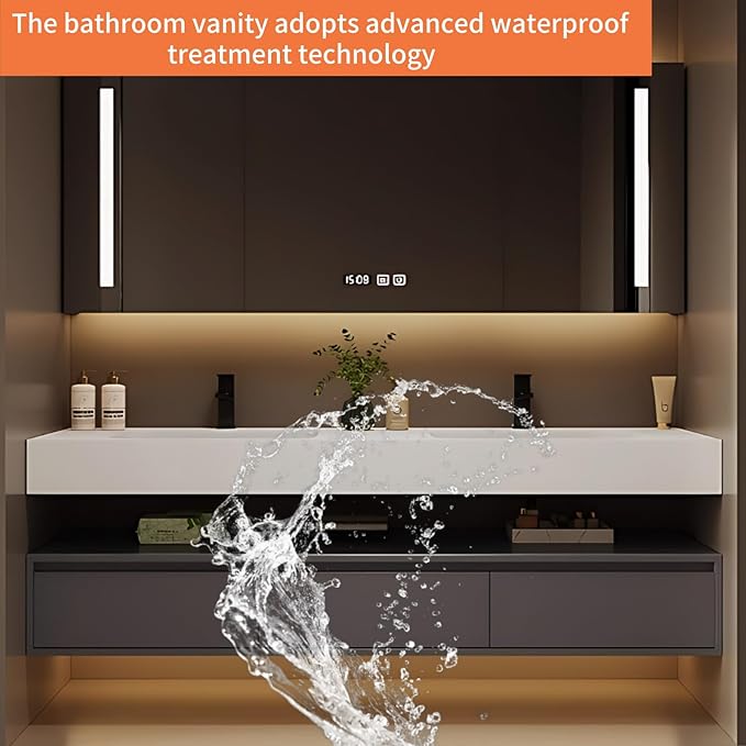 64IN Bathroom Vanity Double Sink - Double Sink Bathroom Vanity Set Include Smart Defogging Bathroom Mirror Cabinet with LED Light Strips, Abundant Storage Space with 3 Drawers (Mirror)
