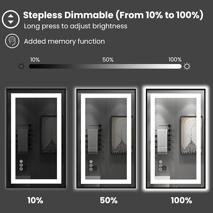 Amorho 44"X36" LED Bathroom Mirror with Black Frame, Front Light and Backlit, Stepless Dimmable, Anti-Fog, Shatter-Proof, Memory, 3 Colors, Double LED Vanity Mirror