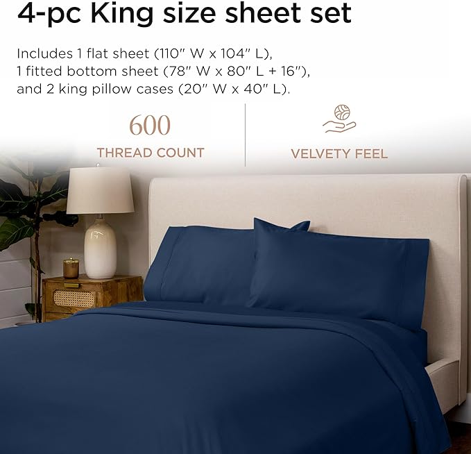 Threadmill 100% Cotton Sheets for King Size Bed - 600 Thread Count King Bed Sheets Set with 16” Deep Pocket - Sateen Weave 4-Piece Bedding Set with Cooling Effect, Folkstone Blue