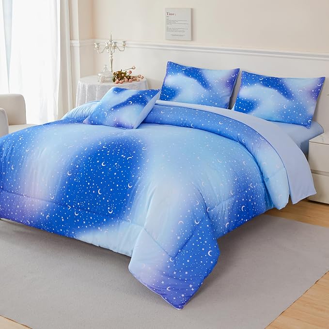 URBONUR 6Pcs Gradient Glitter Comforter Set for Girls Full Size Blue Galaxy Kids Bedding Set for Boys Comforter Sets Soft Bed in A Bag Full (Ombre Blue)
