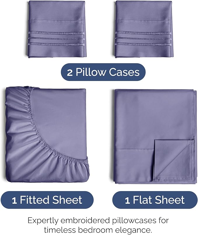 Queen Size 4 Piece Sheet Set - Extra Soft, Breathable & Cooling - Hotel Luxury Durable Bed Sheets - Deep Pockets, Easy-Fit & Wrinkle-Free - French Violet Oeko-Tex