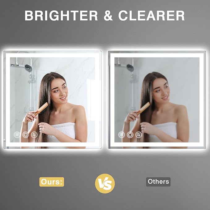 LED Bathroom Mirror 24"x 24" with Frontlit and Backlit, Anti-Fog Bathroom Vanity Mirror,Stepless 3 Colors Temperature & Dimmable Wall Mounted Mirror,Memory Tempered Glass Mirror for Bathroom