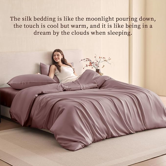 THXSILK 100% Pure Mulberry Silk Duvet Cover Set 3 Piece, 6A+ Grade Luxury Soft Bedding Silk Sheets for Hair and Skin, 1 Pcs Duvet/Quilt/Comforter Cover with 2 Zippered Pillowcases (Purple, Full)