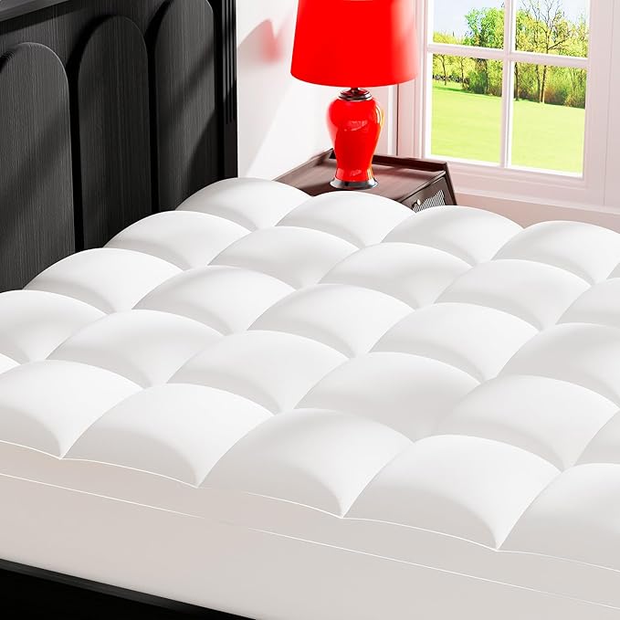 Topllen King Mattress Topper for Back Pain Relief, Extra Thick Pillow Top Plush Mattress Pad with Deep Pocket, Soft Pillowtop King Size Bed Toppers Filled Fluffy Down Alternative, White
