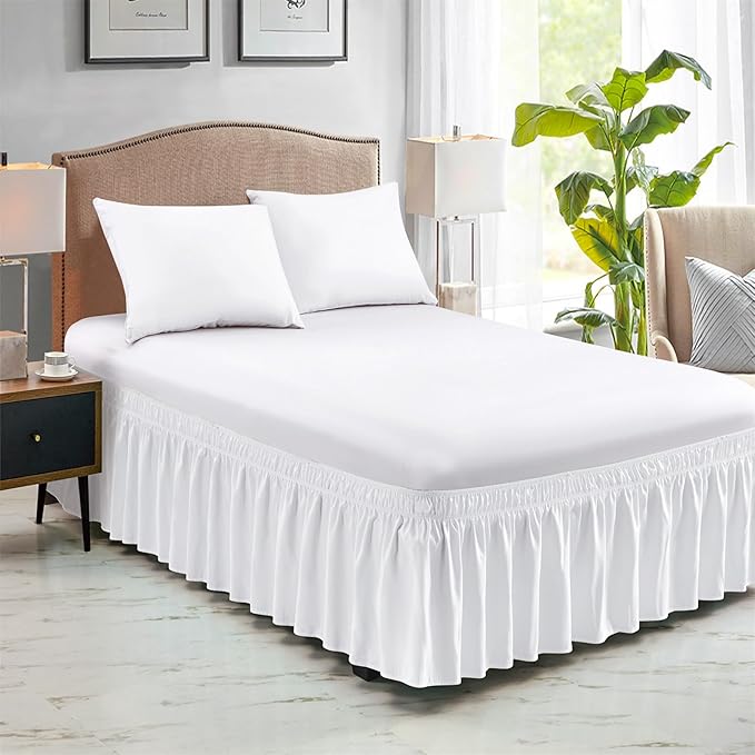 FreshCulture King Bed Skirt, Dust Ruffle for King Size Bed, Easy Fit with 15-Inch Tailored Drop, Elastic Wrap Around Bed Skirt King Size, Hotel Quality Bed Skirts for Adjustable Bed (White)