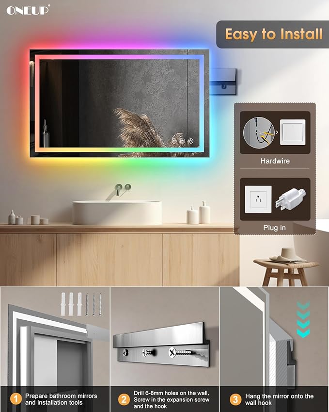oneup 40x24 Inch LED Bathroom Mirror,RGB Color Changing Bathroom Mirror with Lights,Anti-Fog Wall-Mounted Vanity Mirrors,Smart Dimmable Multicolor Lighted,IP54 Waterproof (Horizontal/Vertical)
