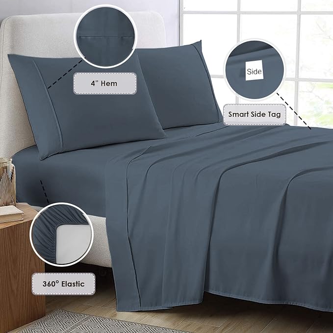 Pizuna Pure 100% Cotton Crisp Sateen Sheets Queen Size - 800 Thread Count - Long Staple Cotton - 15in Deep Pocket - Combed Dark Blue