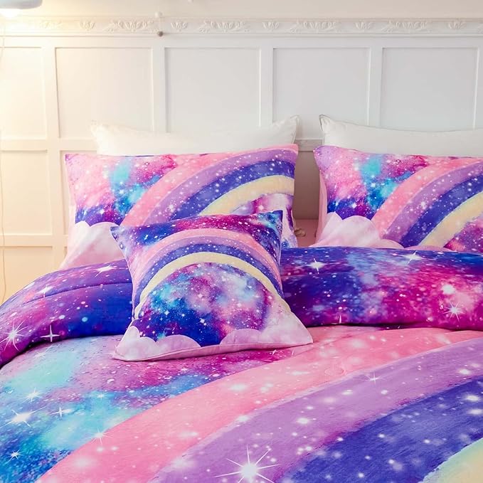 ANGIYUIN 6Pcs Pink Full Size Bed in A Bag for Girls 3D Tie Dye Comforter Sets Colorful Rainbow Kids Bedding Sets Ultra Soft Pastle Nebula Printed Bed in A Bag with Sheets
