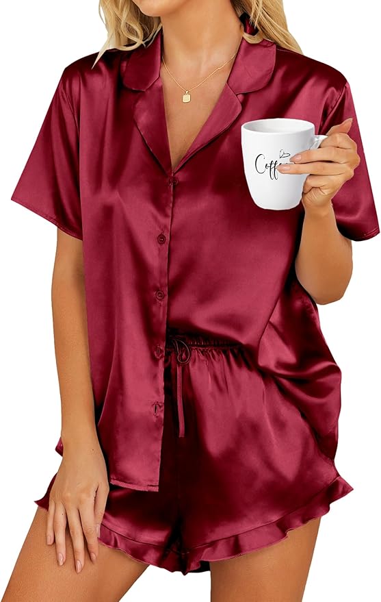 HOTOUCH Womens Satin Pajamas Set Button Down 2 Piece Silk Pjs Shorts Set Ruffle Lingerie Notch Collar Sleepwear