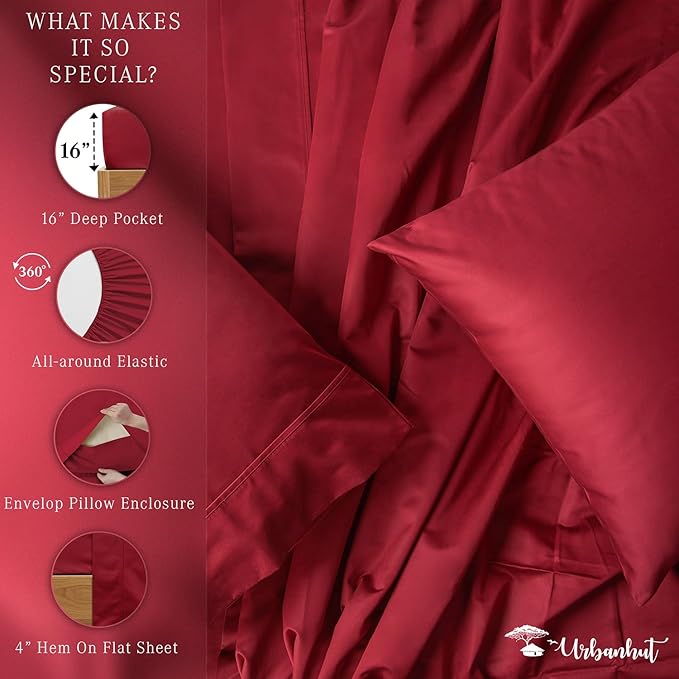 URBANHUT 700 Thread Count Egyptian Cotton Queen Sheets, 4Pc Sheet Set Soft Luxury Bed Sheets for Queen Size Bed, Sateen Weave Hotel Sheets, 16'' Elasticized Deep Pocket - Burgundy