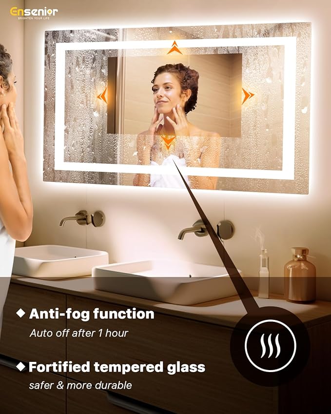 Ensenior LED Bathroom Mirror 60"x 36" with Front and Backlight, Stepless Dimmable Wall Mirrors with Anti-Fog, Shatter-Proof, Memory, 3 Colors, Modern LED Vanity Mirror-ETL & FCC
