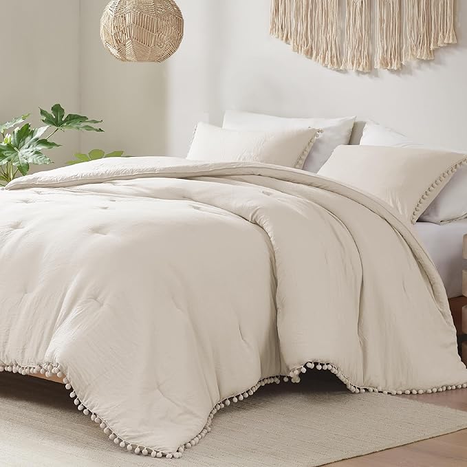 Codi Beige King Comforter Set - Boho Chic Bedding with Elegant Pom Fringe, Soft Washed Microfiber 3pc Luxury Set, Lightweight & Breathable for Master Bedroom, 1 Comforter & 2 Pillow Shams