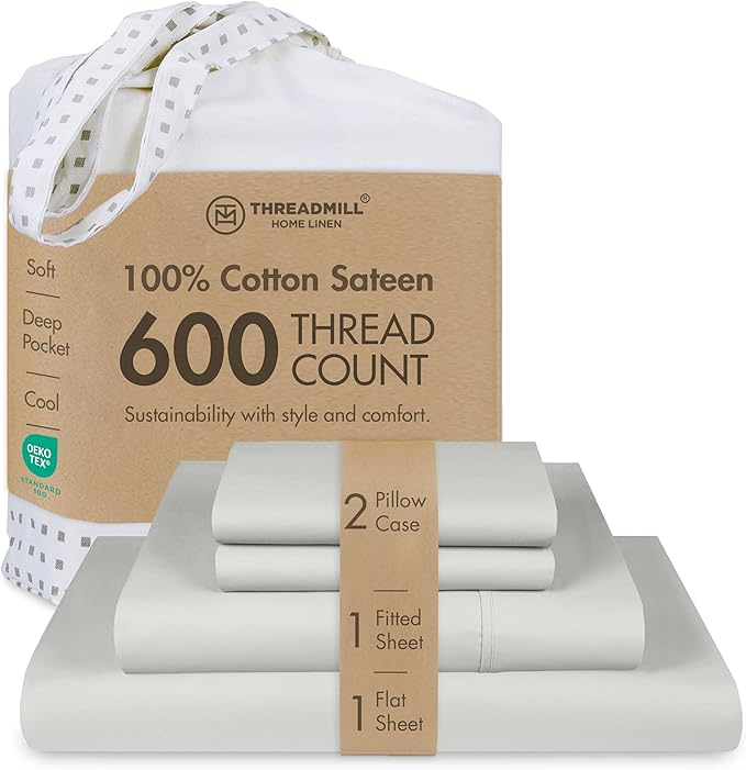 Threadmill 100% Cotton Sheets for Cal King Size Bed - 600 Thread Count Cal King Bed Sheets Set with 16” Deep Pocket - Sateen Weave 4-Piece Bedding Set with Cooling Effect, Light Grey