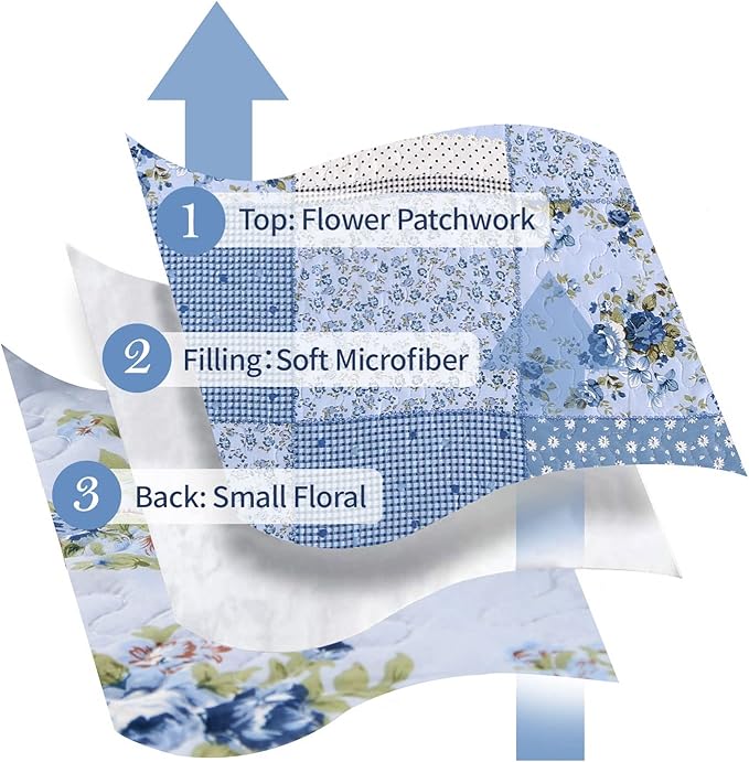 ENJOHOS Blue Floral Quilt Set Queen Size, 3 Pieces Plaid Flower Queen Bedspread for All Seasons, Patchwork Reversible Coverlet Lightweight Bedding for Queen Size Bed with 2 Pillow Shams