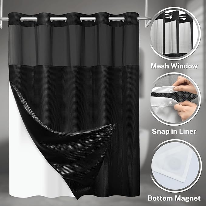 No Hook Shower Curtain with Snap in Liner Set Waffle Shower Curtain for Bathroom Hotel Style Fabric Waterproof Inner Liner，60" W x 74" H, Black