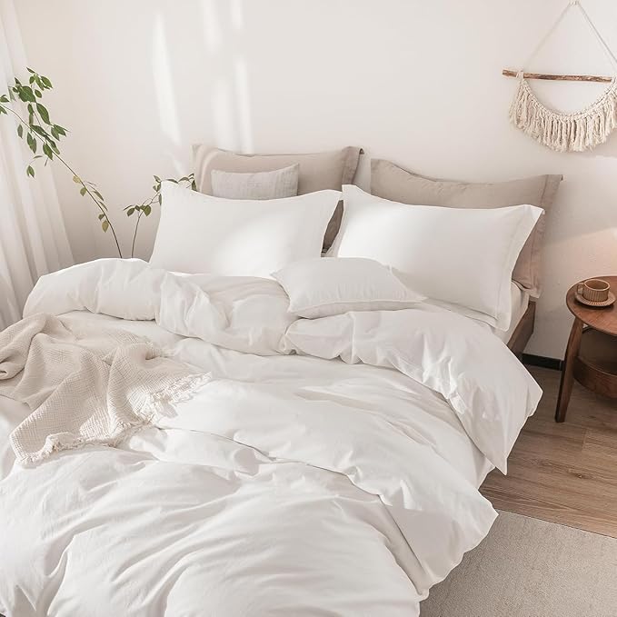 Off White Duvet Cover Oversize Queen Size 100% Washed Cotton Bedding Set Cover 1 Duvet Cover Zipper Closure and 2 Pillowcases, 98inch x 98inch