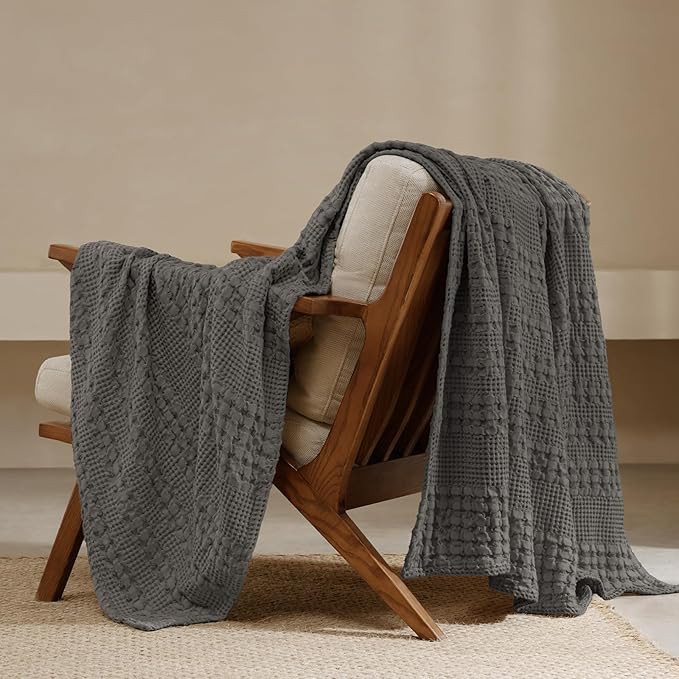 PHF 100% Cotton Waffle Weave Throw Blanket, Soft Lightweight Breathable Cozy Throws for Couch Bed Sofa, Luxury Aesthetic Woven Blanket for Home Decor & Office, 50"x60", Charcoal Grey