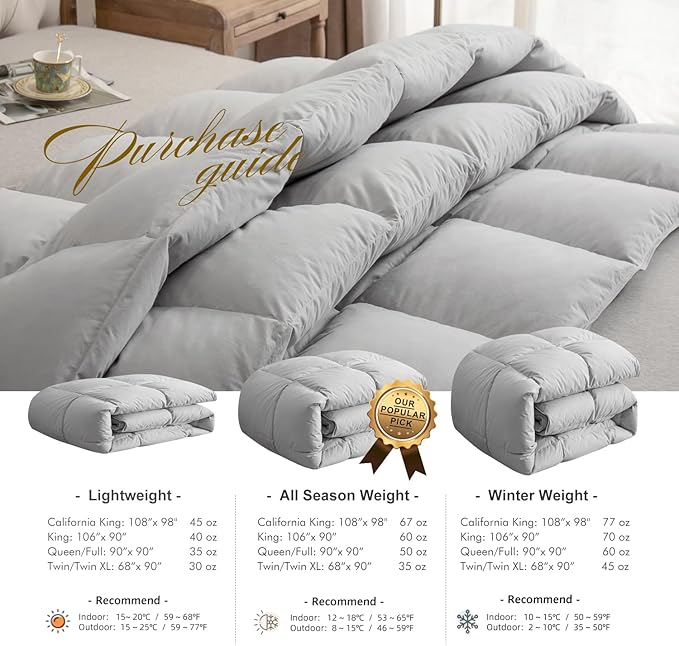 Royoliving Premium Feathers Down Duvet Insert Comforter California King Size Gray All Season Medium Warmth Grey 100% Cotton Cover with Corner Tabs (108x98, 67 oz)
