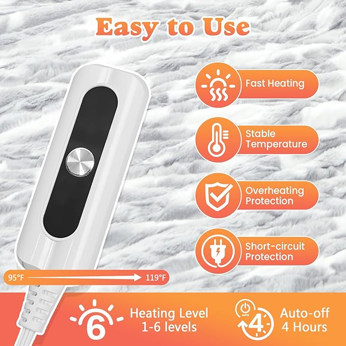 Heated Blanket Faux Fur & Sherpa Twin Size, Safe Electric Blanket ETL & FCC Certified, Soft Warm 6 Heating Levels & 10 Hours Auto-Off, Machine Washable, 62"x84" Light Grey & White Pattern