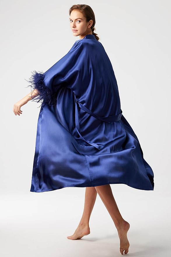 PRODESIGN Satin Kimono Robe Long Silky Bathrobe with Ostrich Feather Trim Sleepwear Wedding Bridesmaid Dressing Gown