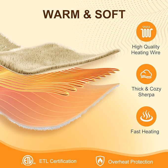 Electric Blanket Twin 62"X84"- Soft Double Sided Sherpa Heated Blanket Twin with 5 Heatings Levels & 10 hrs Auto Shut Off, Fast Heating & ETL Certified, Gift for Women(Beige)
