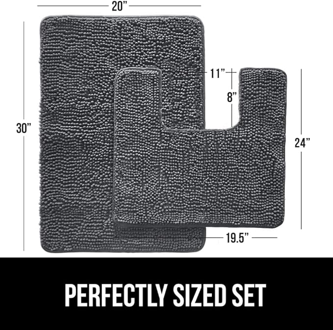 GORILLA GRIP Bathroom Rug Sets, Soft Chenille 2 Piece Area Rugs Set, Toilet Base Mat and 30x20 Carpet, Absorbent Microfiber Washable Mats Dry Quickly, Home Décor and Bath Room Accessories, Charcoal