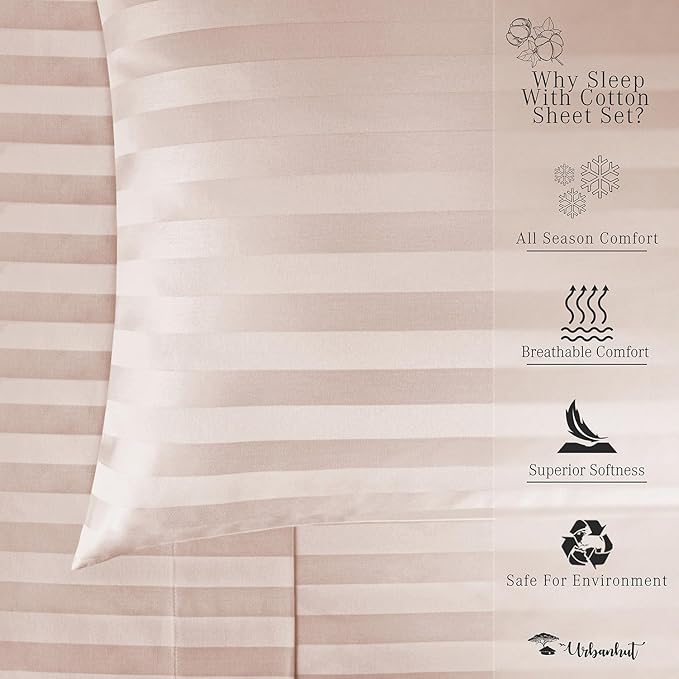 URBANHUT 1000 Thread Count Damask Striped Queen Size Egyptian Cotton Sheets, Long Staple Soft & Breathable, 4 Pc Bed Sheet Sets, Luxury Hotel Sateen Sheets Fits 16" Deep Pocket - Blush Pink
