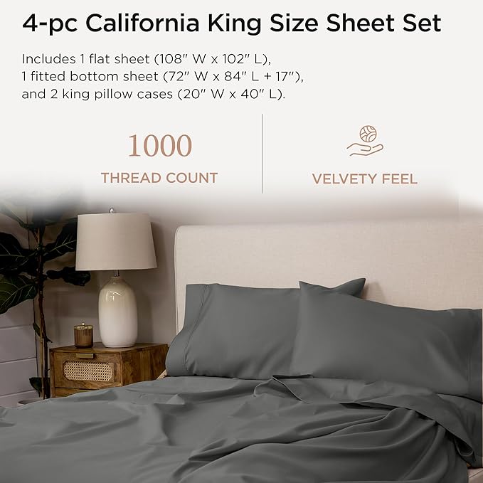 Threadmill Certified 100% American Supima Cotton Luxury Sheets, California-King Sheets, 1000 Thread Count Sateen Weave, 4 Pc Bed Sheets Set, Dark Grey Sheet with Elasticized Deep Pocket