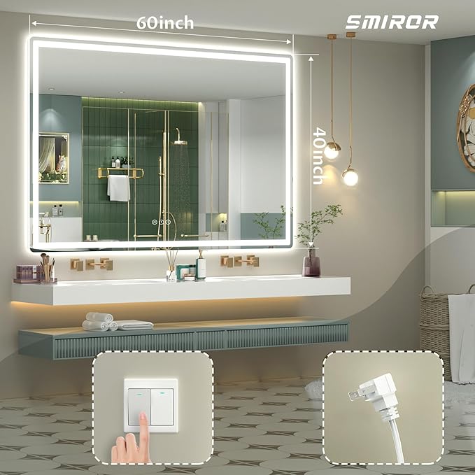SMIROR LED Bathroom Mirror with Lights 60"x 40", Rounded Rectangle Lighted Vanity Mirror for Wall, Front Lit and Backlit, 3 Colors, Dimmable, Anti-Fog, Tempered Glass (Horizontally/Vertically)