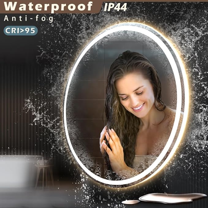 KWW 32 Inch Large Modern LED Round Bathroom Vanity Mirror, Color Temperature Adjustable, Anti-Fog Dimmable Lights, Easy to Install, Wall Mounted Makeup Mirror with Smart Touch Button
