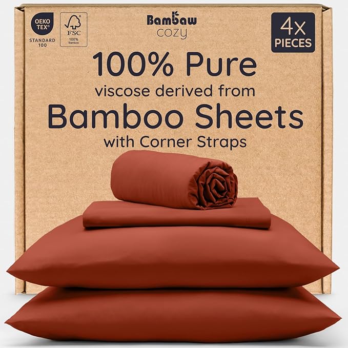 Bambaw 100% Viscose Derived from Bamboo Sheets King Size Set – 4pcs Super Soft & Cooling Sheets, Luxury Sheet Set King Deep Pocket, Fits Up to 16'' Mattresses with Elastic Corner Straps (Terracotta)