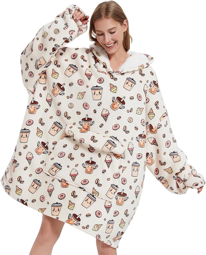 Wearable Blanket Hoodie for Adult,Oversized Sherpa Fleece Blanket Hoodie for Women Men,Coffee