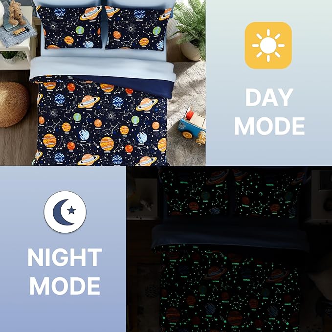 Full Size Comforter Set for Boys-7 Pieces Space Glow in The Dark Full Bedding Sets for Kids, Ultra Soft Bed in A Bag with Sheets