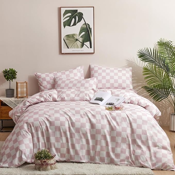 KAREVER Pink White Grid Comforter Set Twin Pink Plaid Bedding Set Girls Blush White Checkered Bed Blanket Set Kids Breathable Durable Bedding Comforter Set